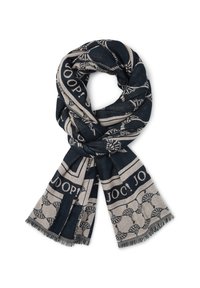 Marineblauer und beige Schal, gewebter Stoff mit sich wiederholendem Muster, fransige Kanten und in das Design integrierter Markenaufschrift "JOOP!".