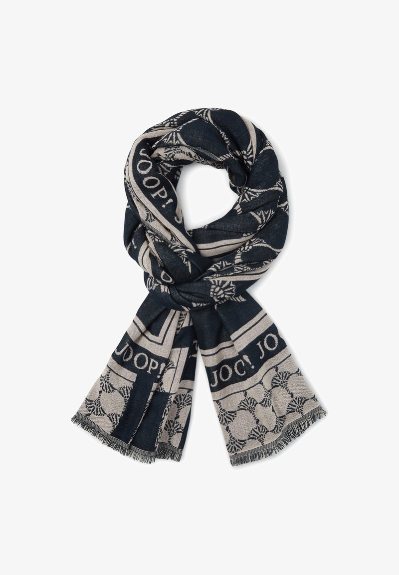 Marineblauer und beige Schal, gewebter Stoff mit sich wiederholendem Muster, fransige Kanten und in das Design integrierter Markenaufschrift "JOOP!".