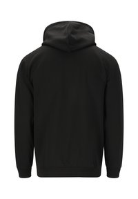 Musta huppari pitkillä hihoilla ja ribbauslahkeilla, näkyy takaa valkoista taustaa vasten.