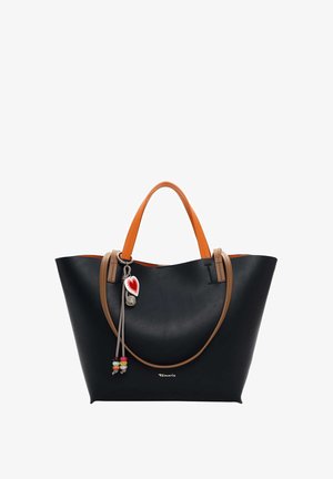Black synthetic tote bag with orange handles, contrasting tan accents, and decorative charm featuring a red heart and colored beads.
