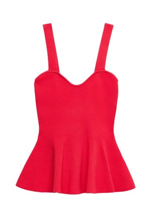 Rode mouwloze gebreide peplumtop met brede bandjes en een sweetheart-halslijn, aangesloten in de taille en uitlopend bij de zoom.