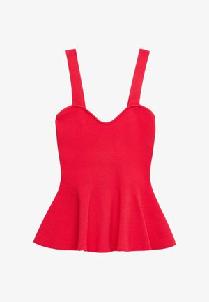 Rode mouwloze gebreide peplumtop met brede bandjes en een sweetheart-halslijn, aangesloten in de taille en uitlopend bij de zoom.