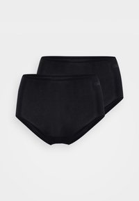 Sorte høye truser i svart laget av myk stoff, med en glatt tekstur og elastisk liv, vist i en pakke med to.