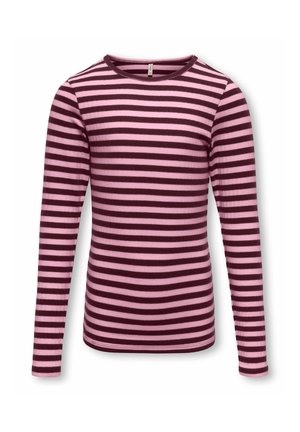 T-shirt manches longues col rond avec rayures horizontales roses et rouge foncé, coupe slim, tissu en maille côtelée.