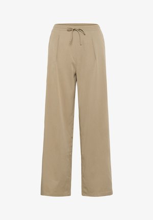 Beige wide-leg pants with a drawstring waistband, featuring two front pleats and a smooth fabric texture.