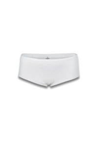 Boxer en coton blanc extensible avec une ceinture plate, présentant une texture lisse et des détails de couture minimaux. Aucun motif ni accent.