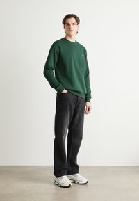 Felpa verde con collo rotondo, pantaloni neri e scarpe da ginnastica multicolori. La felpa presenta un dettaglio con logo, una texture liscia e una vestibilità comoda.