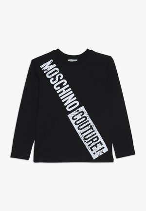 Zwarte longsleeve T-shirt van katoen met diagonale witte "MOSCHINO COUTURE!" tekst, voorzien van een ronde halslijn en een standaard pasvorm.