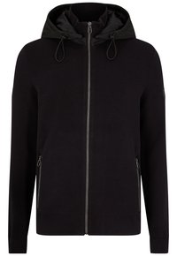 Veste noire à capuche avec fermeture éclair, cordon de serrage à la capuche et poches latérales zippées, manches longues et poignets côtelés.