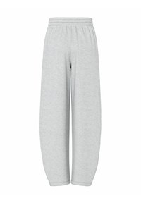 Pantalon de survêtement gris clair avec une taille élastique, des jambes larges et une texture douce, conçu pour le confort et la souplesse.