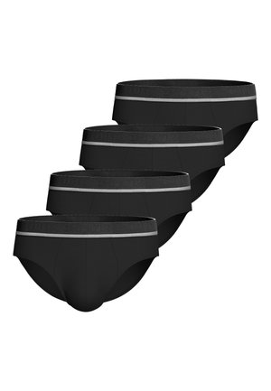 Cztery czarne męskie bokserki z szarym pasem, ułożone warstwowo na białym tle.