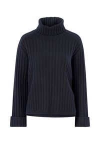 Dark navy turtleneck sweater made of ribbed knit fabric. Features long sleeves with folded cuffs and a high, textured collar.