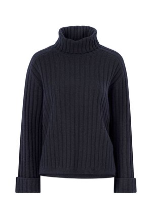 Dark navy turtleneck sweater made of ribbed knit fabric. Features long sleeves with folded cuffs and a high, textured collar.