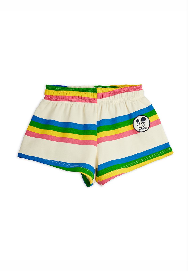 Shorts blancs pour enfants avec taille élastique, présentant des rayures horizontales bleues, vertes, jaunes et roses ainsi qu'un petit patch de dessin animé sur le côté droit.