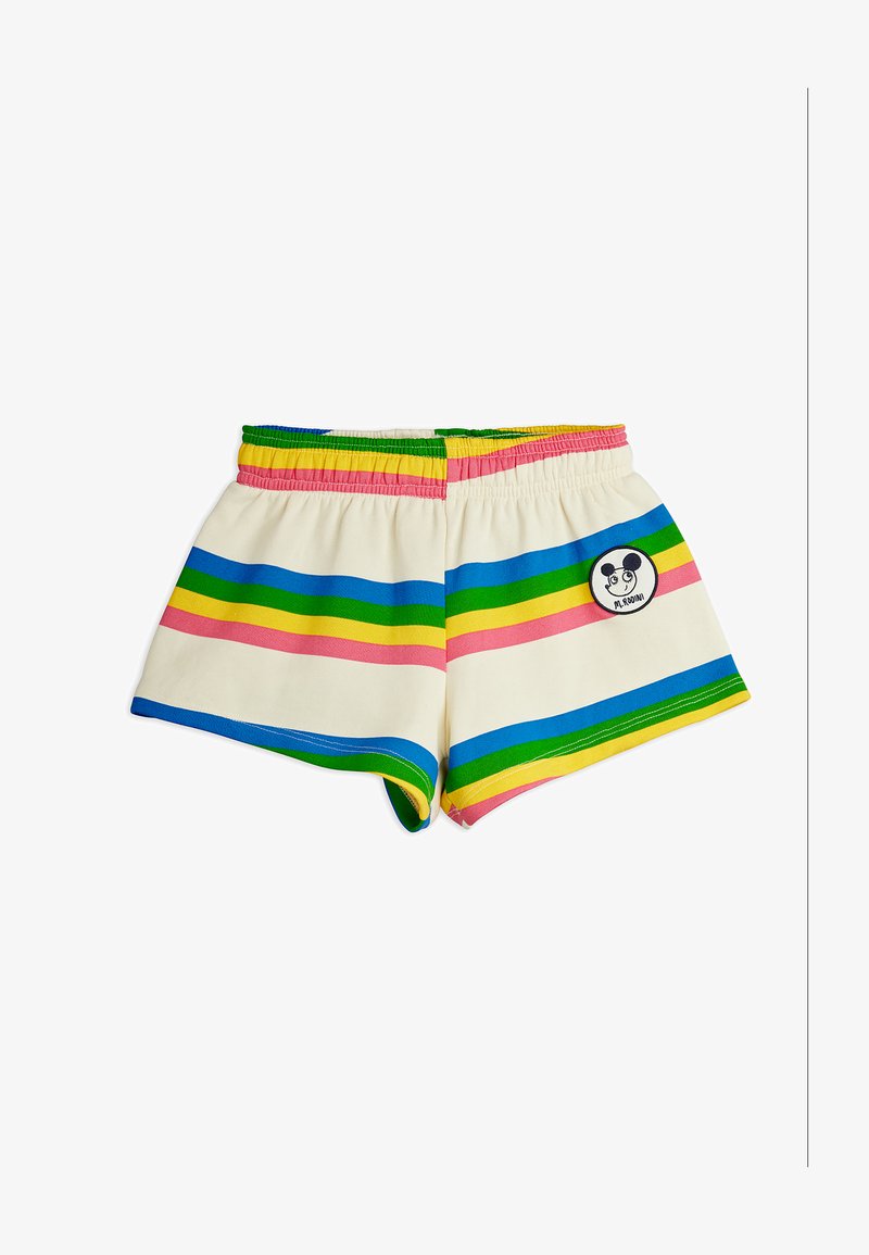 Shorts blancs pour enfants avec taille élastique, présentant des rayures horizontales bleues, vertes, jaunes et roses ainsi qu'un petit patch de dessin animé sur le côté droit.