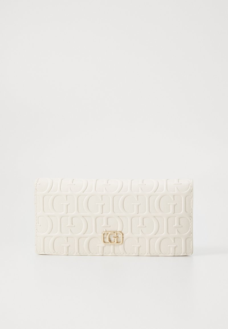 Portofel alb din material sintetic texturat cu un model logo embosat. Dispune de un sistem de închidere din metal cu ton auriu și margini cusute.