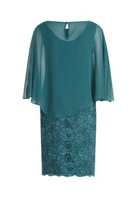 Robe en dentelle turquoise avec un overlay transparent. Possède des manches en cloche, un col rond et un dos en forme de trou de serrure. Motif floral texturé.