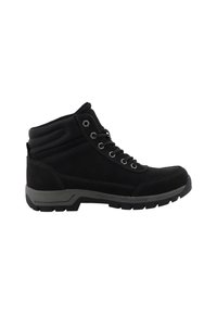 Bota de senderismo negra con parte superior de cuero texturizado, suela de goma gris, ojales de metal y cuello acolchado para soporte del tobillo.