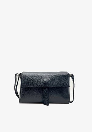 Black leather crossbody bag with textured finish, rectangular shape, magnetic flap closure, and adjustable strap.