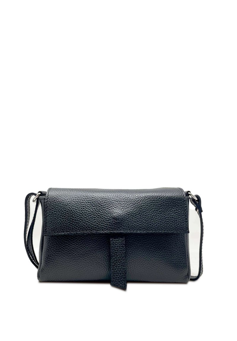 Borsa a tracolla nera in pelle con finitura testurizzata, forma rettangolare, chiusura a pattina magnetica e tracolla regolabile.