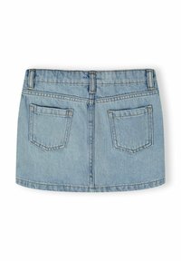 Svetločasni denim mini krilo s prilegajočo se obliko, dvema zadnjima žepoma in kontrastnim šivanjem. Gladka tekstura, klasičen pet-žepni stil.