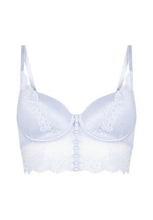 Weißer Spitzen-BH mit gepolsterten Cups, verstellbaren Trägern und vorderer Knopfverschluss, mit floralen Spitzenmustern auf Cups und Bund.