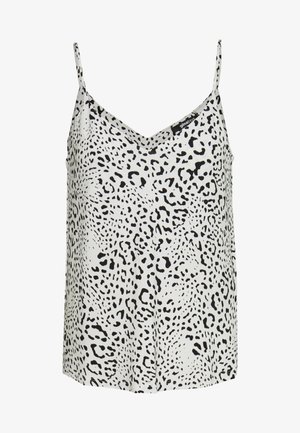 Wit hemdje met zwarte luipaardprint. Heeft dunne verstelbare bandjes en een V-hals. Soepele stof met een ontspannen pasvorm.