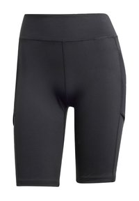 Shorts de sport noirs taille haute en tissu extensible. Présentent une texture lisse, des coutures plates et des poches latérales pour le rangement.