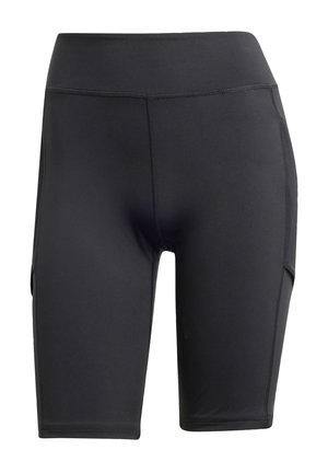 Bermudas de entrenamiento negras de cintura alta, hechas de un tejido elástico. Cuentan con una textura suave, costuras planas y bolsillos laterales para almacenamiento.