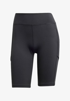 Aukštos juostos juodi treniruočių šortai, pagaminti iš tamprių medžiagų. Yra lygus paviršius, plokščios siūlės ir šoninės kišenės saugojimui.