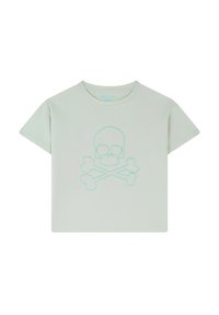 Helles grünes Baumwoll-T-Shirt mit Rundhalsausschnitt und kurzen Ärmeln; verfügt über ein zentrales Design von Totenschädel und gekreuzten Knochen in pastellblauem Stich.