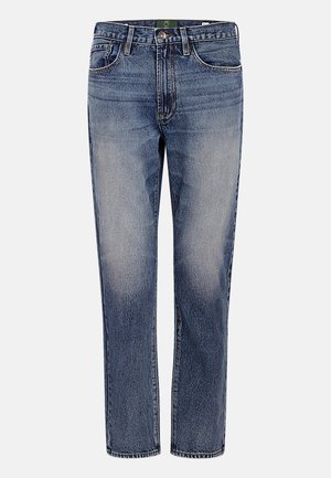 Jeans i denim med ljus till medelblå tvätt, rak benform, femficksmodell, med blixtlåsflykt och kontrastsöm.