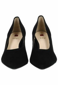 Black suede high heels with a pointed toe, low-cut sides, and a smooth inner lining. The brand name is subtly embossed inside.