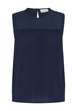 Tmavomodrá blúzka bez rukávov s kvetinovou čipkovanou vsadkou a zadným uzáverom na gombík, vyrobená z ľahkej, textúrovanej látky.