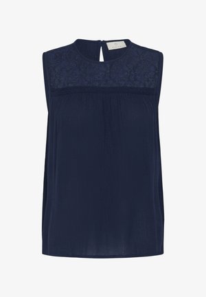 Marineblaue ärmellose Bluse mit floraler Spitzenpasse und Knopfverschluss am Rücken mit Schlitz, gefertigt aus leichtem, strukturiertem Stoff.