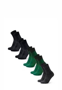 Set di sei calzini: due paia neri a trama, due verde scuro con motivi a contrasto e due grigio scuro, tutti di altezza media fino al polpaccio.
