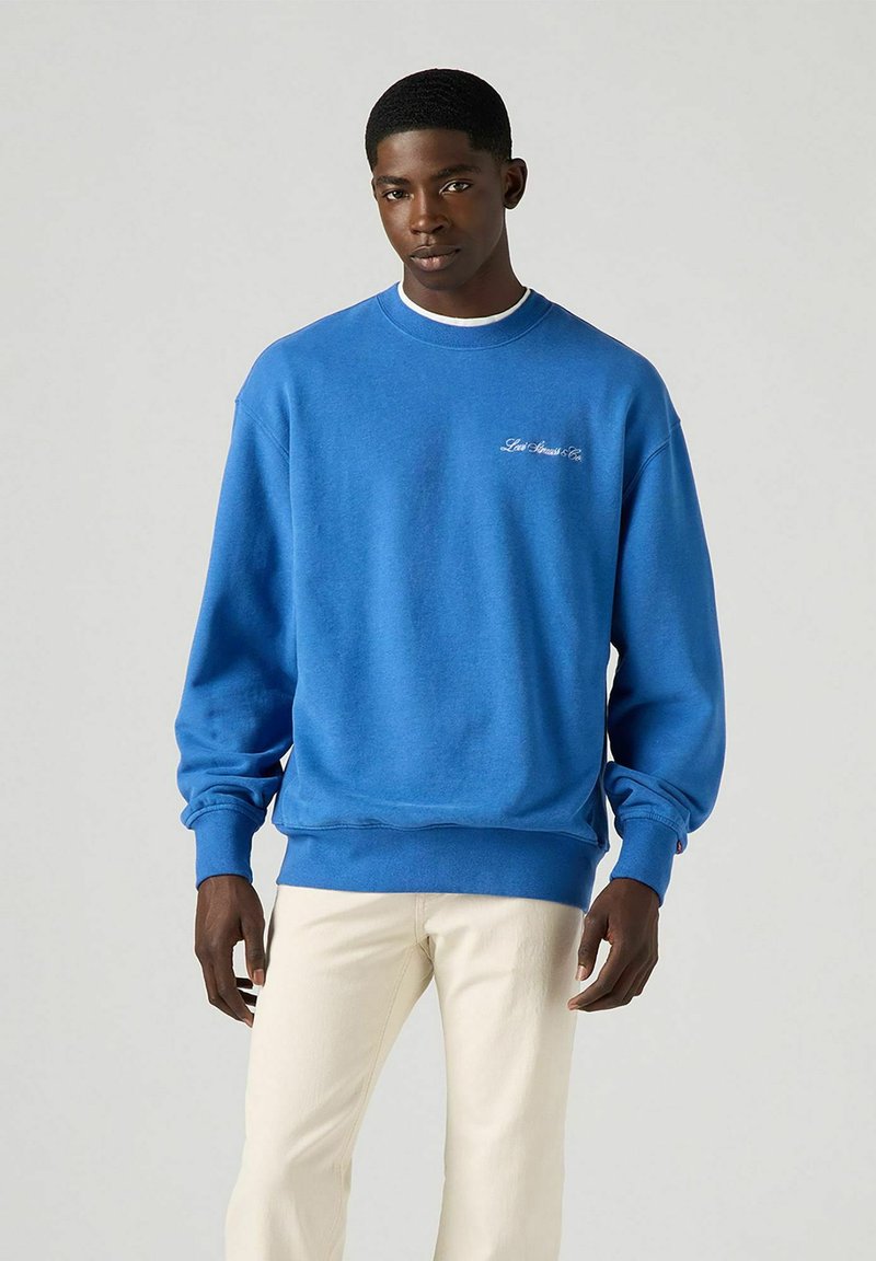 Sudadera azul de manga larga, con cuello redondo y puños acanalados. Presenta un logo bordado en el pecho. Combinada con pantalones de color claro.
