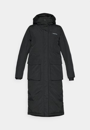 Longue manteau d'hiver noir à capuche avec fermeture éclair sur le devant, deux grandes poches à rabat, et logo Didriksons sur la poitrine.