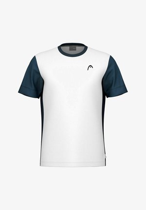 Camicia a maniche corte con corpo bianco e maniche blu navy. Presenta uno scollo rotondo e un piccolo logo sul petto. Tessuto liscio.