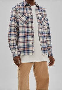 Uomo che indossa pantaloni beige, t-shirt bianca e una camicia a maniche lunghe a quadri in tonalità blu, rosso e bianco, sbottonata.