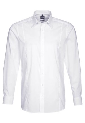 Weißes Langarmhemd mit einem Standardkragen, Knopfverschluss vorne und dezenten Seitennähten. Aus glattem, leichtem Stoff gefertigt.