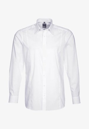Weißes Langarmhemd mit einem Standardkragen, Knopfverschluss vorne und dezenten Seitennähten. Aus glattem, leichtem Stoff gefertigt.
