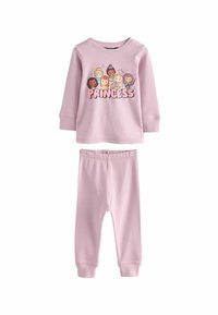 Maglietta a maniche lunghe rosa con grafica di principesse dei cartoni animati e testo "PRINCESS", abbinata a leggings rosa coordinati. Materiale in cotone morbido.