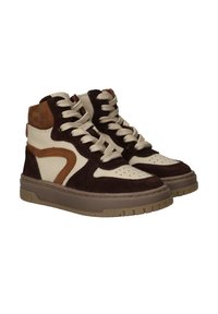 High-top sneakers met beige en donkerbruin suède en leren panelen, beige veters en dikke rubberen zolen.