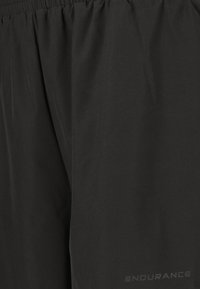 Schwarze Sportshorts aus leichtem Material mit einem elastischen Bund und einem dezenten Logo-Druck am Saum. Glatte Textur.