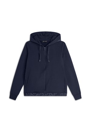 Felpa blu navy in cotone misto, con zip a tutta lunghezza, cappuccio regolabile con coulisse e dettagli a motivo sull'orlo.