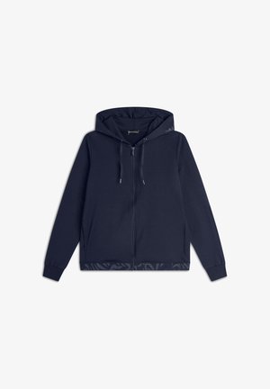Felpa blu navy in cotone misto, con zip a tutta lunghezza, cappuccio regolabile con coulisse e dettagli a motivo sull'orlo.