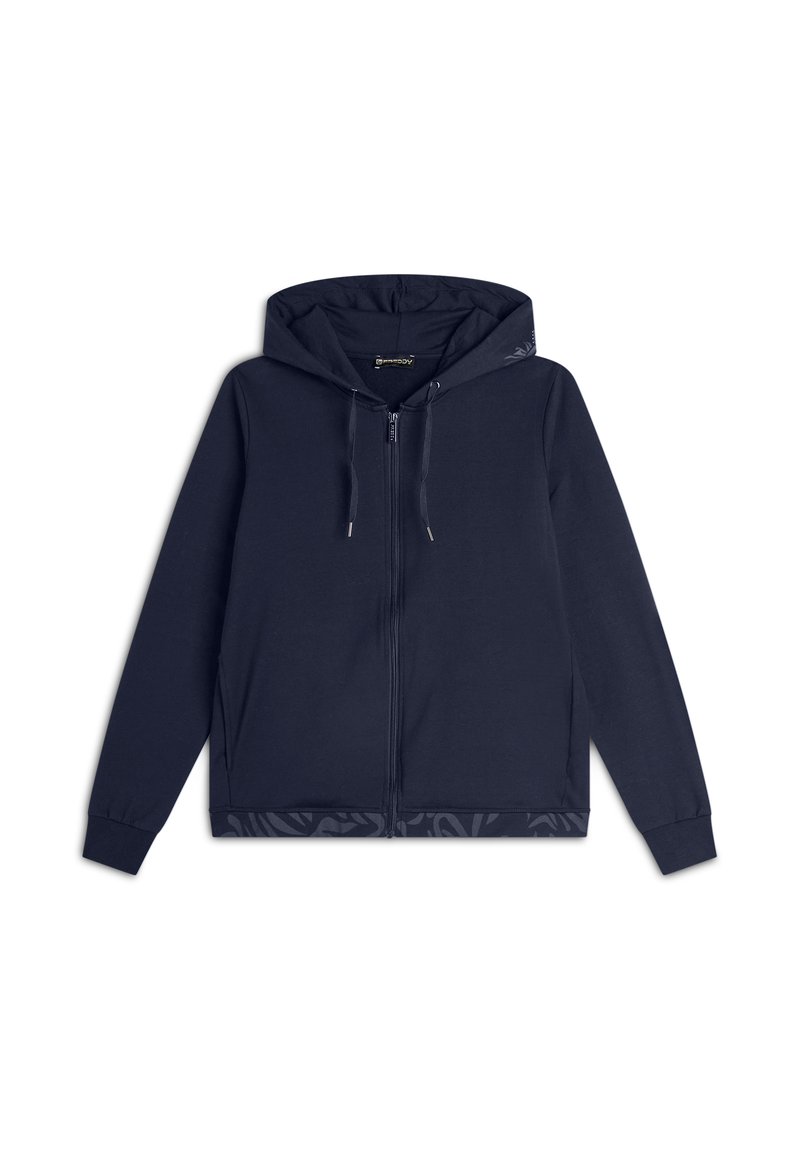 Sudadera azul marino hecha de una mezcla de algodón, con cremallera de longitud completa, capucha ajustable con cordón y detalles de dobladillo con patrón.