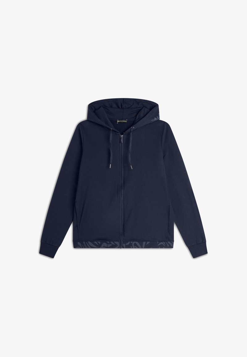 Sudadera azul marino hecha de una mezcla de algodón, con cremallera de longitud completa, capucha ajustable con cordón y detalles de dobladillo con patrón.