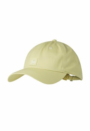 Gorra de béisbol amarillo claro con visera curva y correa ajustable, con un pequeño logo "Buff" en el panel frontal.